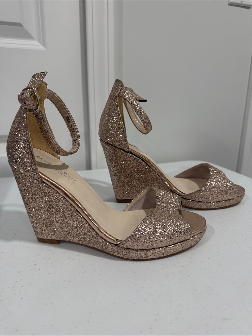 Benjamin Walk Glitter Ankle-Strap Wedge Sandals - Rose Gold.